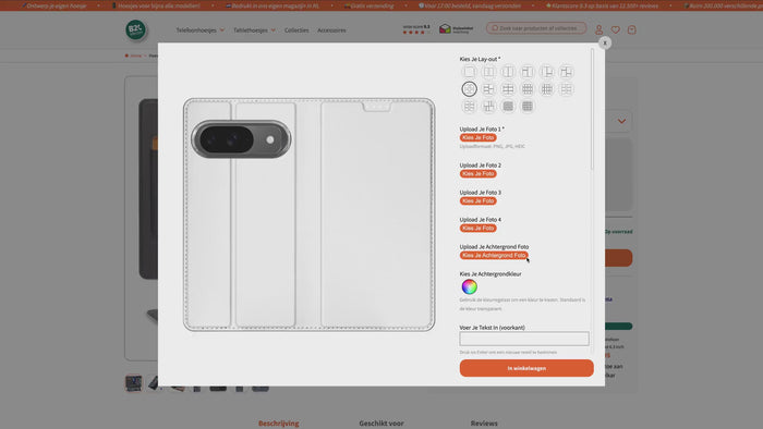 Video die het personalisatieproces toont voor het maken van een uniek telefoonhoesje met eigen foto's en tekst bij B2C Telecom.