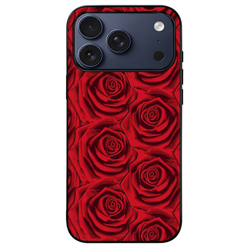 iPhone 18 Pro Max met het Red Roses hoesje om, rode rozen die doorlopen tot de zwarte rand