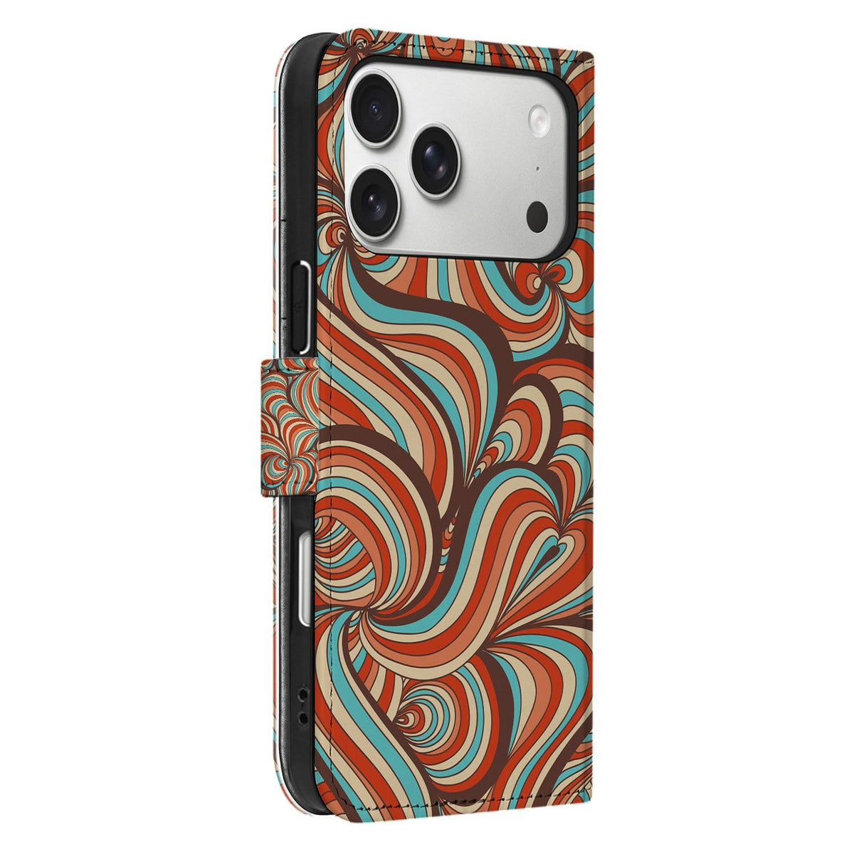 Zijaanzicht van het portemonnee hoesje iPhone 18 Pro Retro met zwarte TPU-houder
