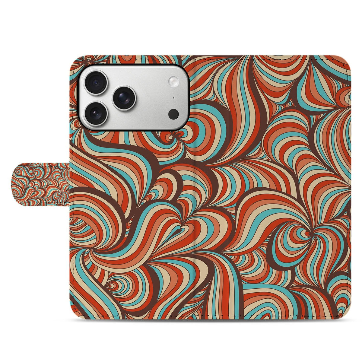 Voorkant van het gesloten iPhone 18 Pro portemonnee hoesje Retro met cirkels en bogen