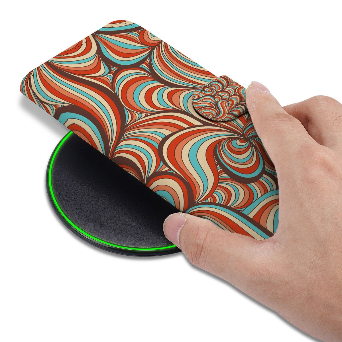Retro portemonnee hoesje voor de iPhone 18 Pro in de hand, print op de voorflap zichtbaar