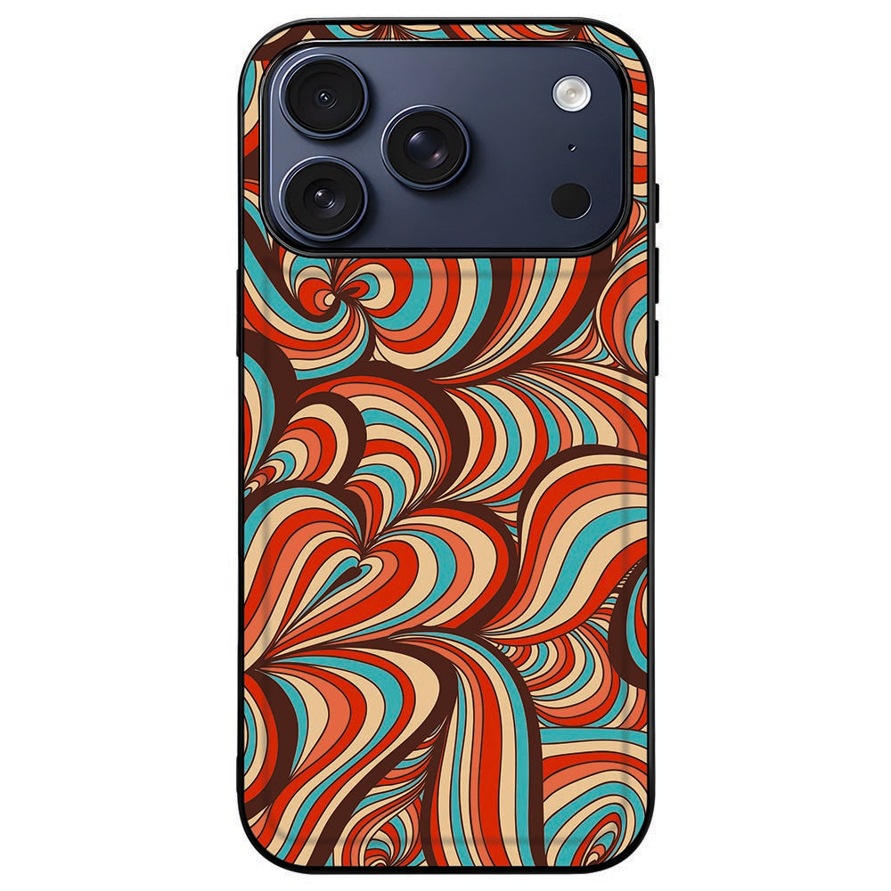 iPhone 18 Pro in het Retro telefoonhoesje, bogen en cirkels omkaderd door de zwarte rand