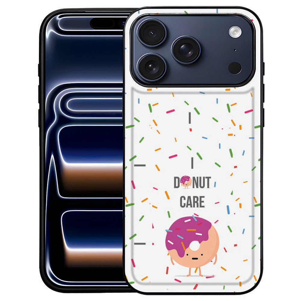 Donut iPhone 18 Pro Max hoesje met roze donutprint en gekleurde spikkels op witte basis