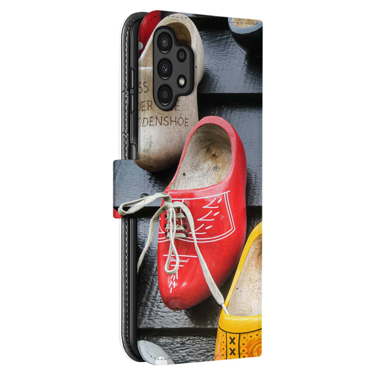 Achterkant van de Samsung Galaxy A13 4G bookcase met rode en gele klompen en de camera-uitsparing linksboven