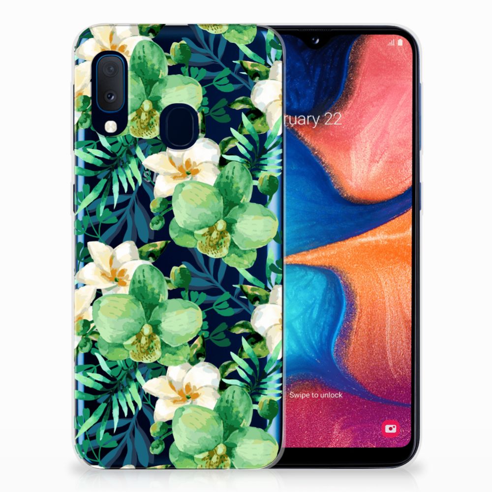 Samsung Galaxy A20e TPU Case Orchidee Groen bloemen design achterkant