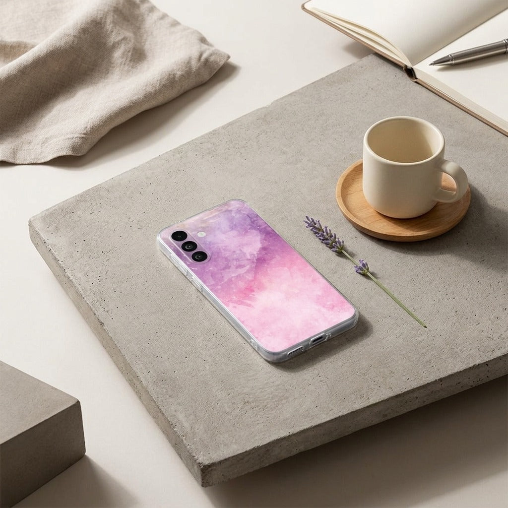 Back cover hoesje Samsung Galaxy A27 Pink Purple Paint - lifestyle foto in huiselijke setting