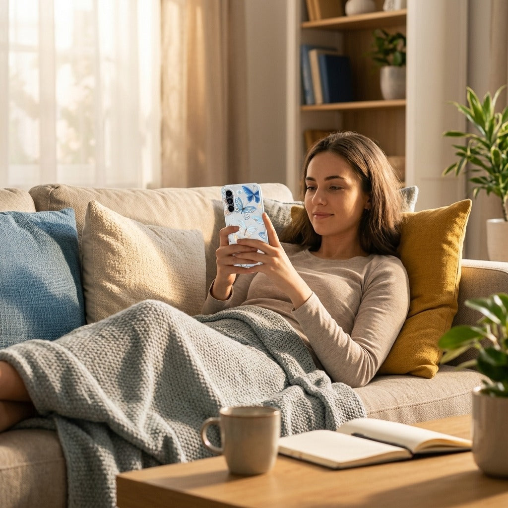 Back cover hoesje Samsung Galaxy A27 Vlinder - lifestyle foto in huiselijke setting