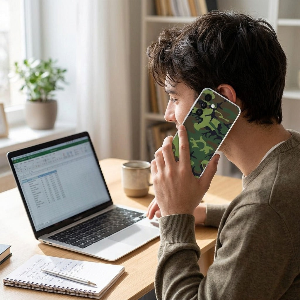 Samsung Galaxy A27 bedrukt hoesje Army Dark - lifestyle foto in huiselijke setting