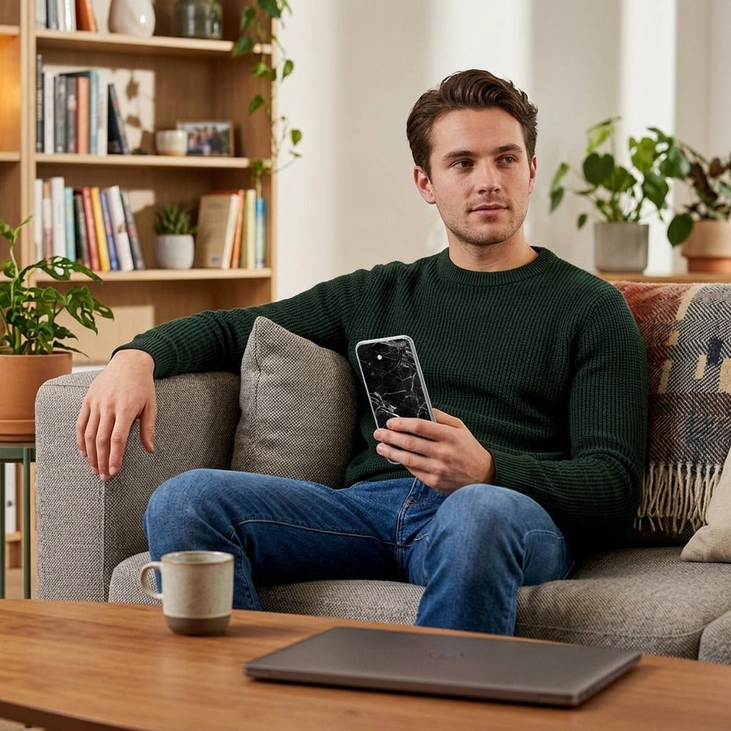 Samsung Galaxy A27 bedrukt hoesje Marmer Zwart - lifestyle foto in huiselijke setting