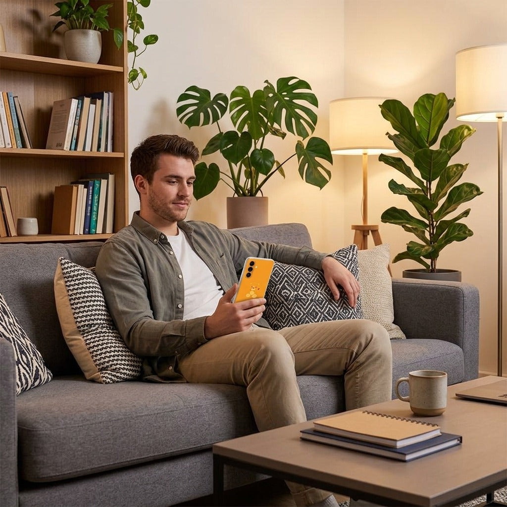 Samsung Galaxy A27 siliconen hoesje Baby Beer - lifestyle foto in huiselijke setting