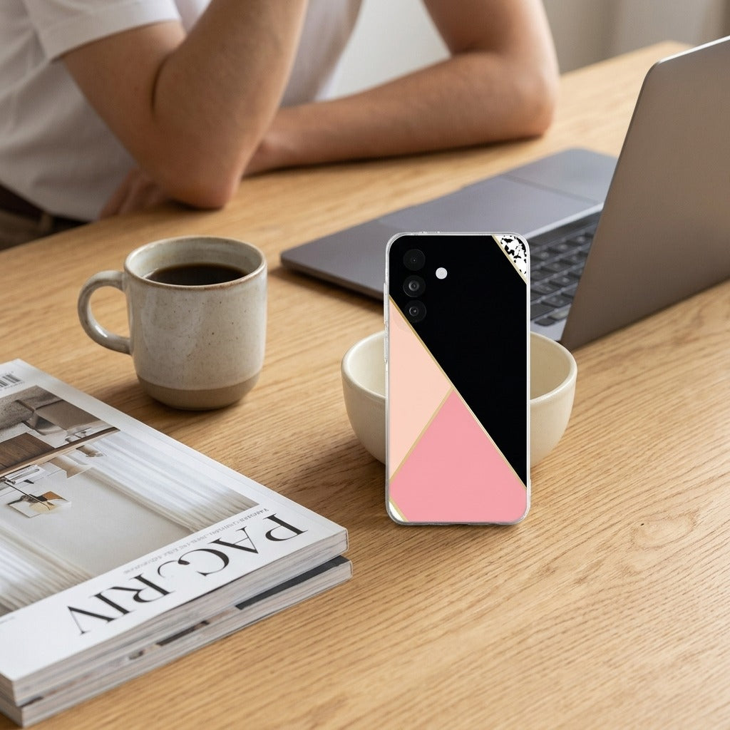 Siliconen hoesje Samsung Galaxy A27 Black Pink Shapes - lifestyle foto in huiselijke setting