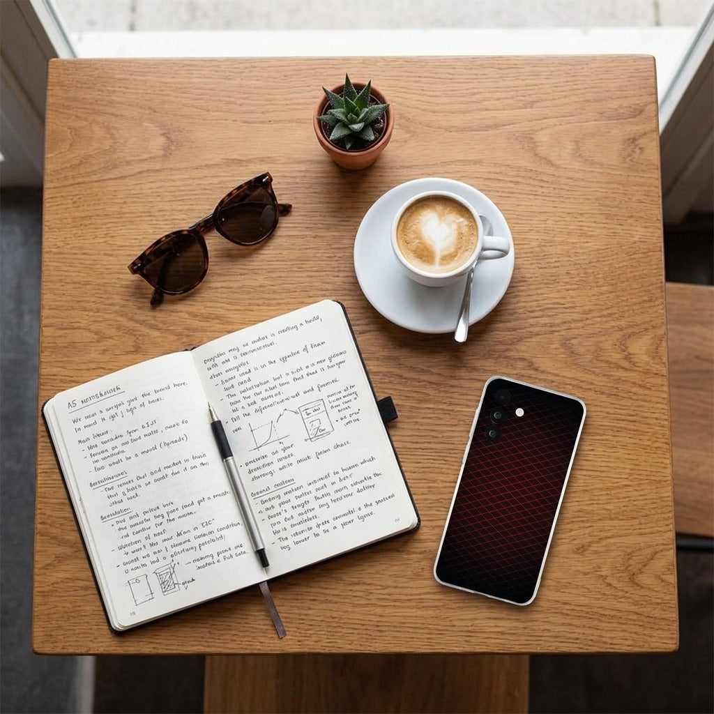 Samsung Galaxy A27 siliconen hoesje Geruit Rood - lifestyle foto in huiselijke setting