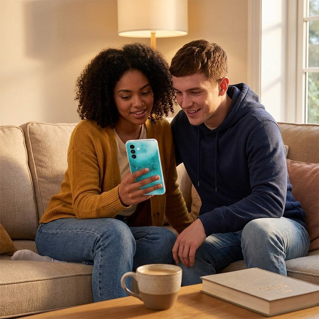 Siliconen hoesje Samsung Galaxy A27 Painting Blue - lifestyle foto in huiselijke setting