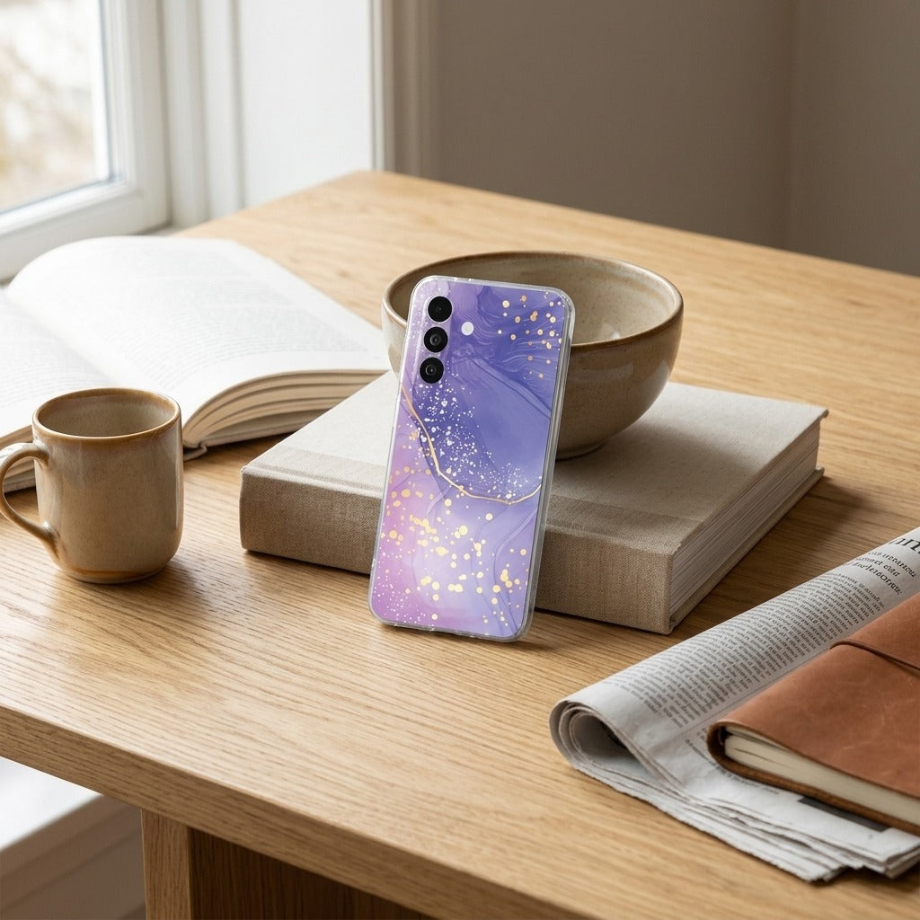 TPU hoesje Samsung Galaxy A27 Watercolor Paars - lifestyle foto in huiselijke setting