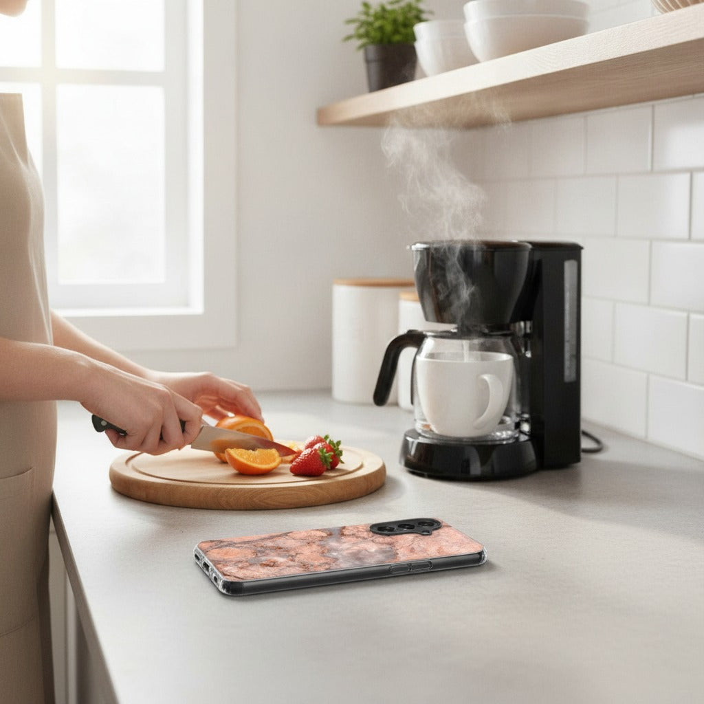 Samsung Galaxy A37 TPU Hoesje Marmer Oranje - lifestyle foto in huiselijke setting