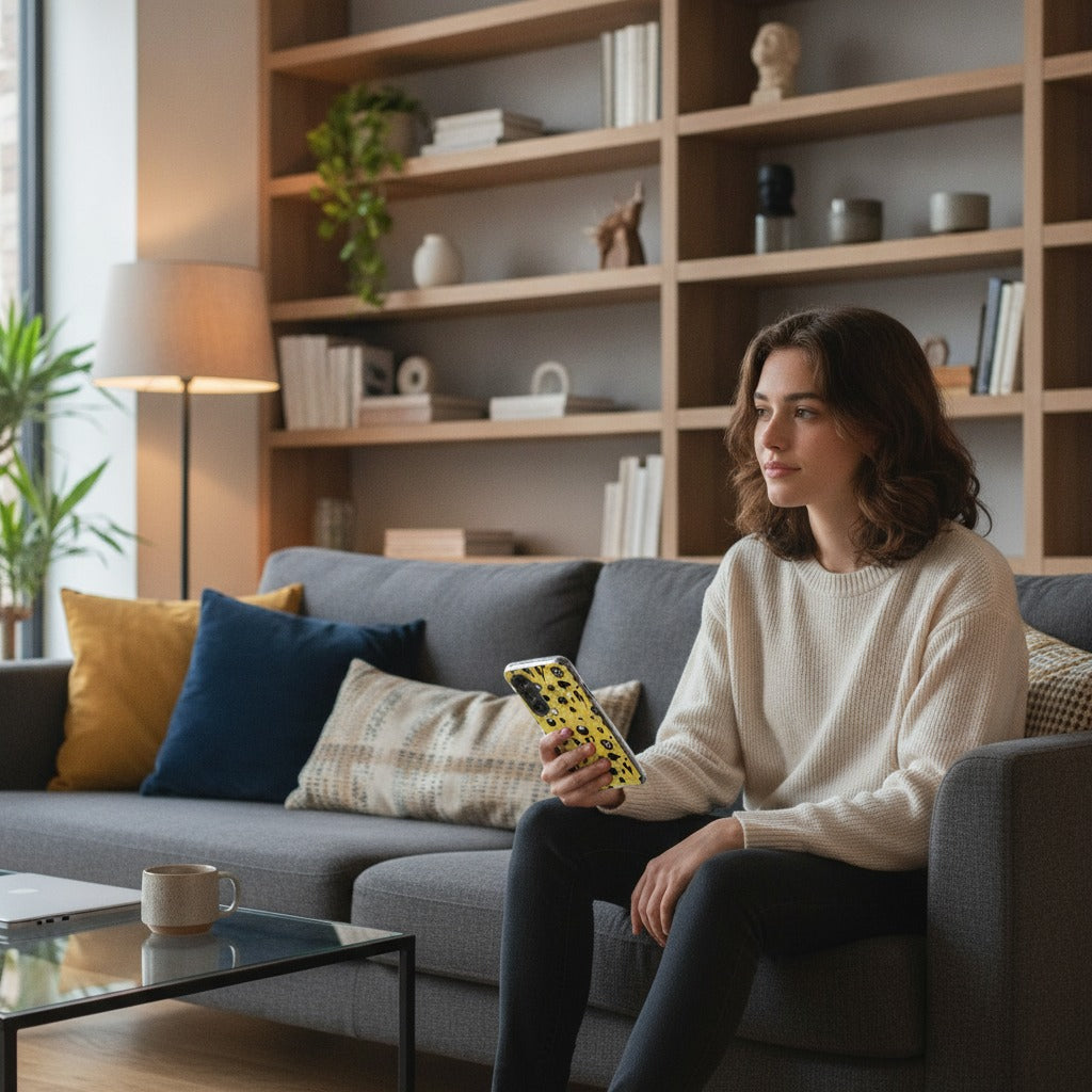 Samsung Galaxy A37 TPU Hoesje Punk Yellow - lifestyle foto in huiselijke setting