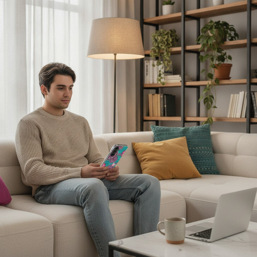 Samsung Galaxy A37 TPU Hoesje Cirkels En Vlinders - lifestyle foto in huiselijke setting