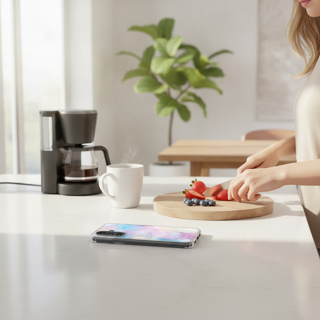 Samsung Galaxy A37 TPU Hoesje Watercolor Light - lifestyle foto in huiselijke setting