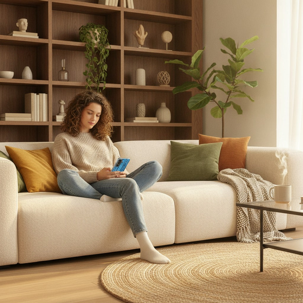 Samsung Galaxy A37 TPU Hoesje Wood Blue - lifestyle foto in huiselijke setting
