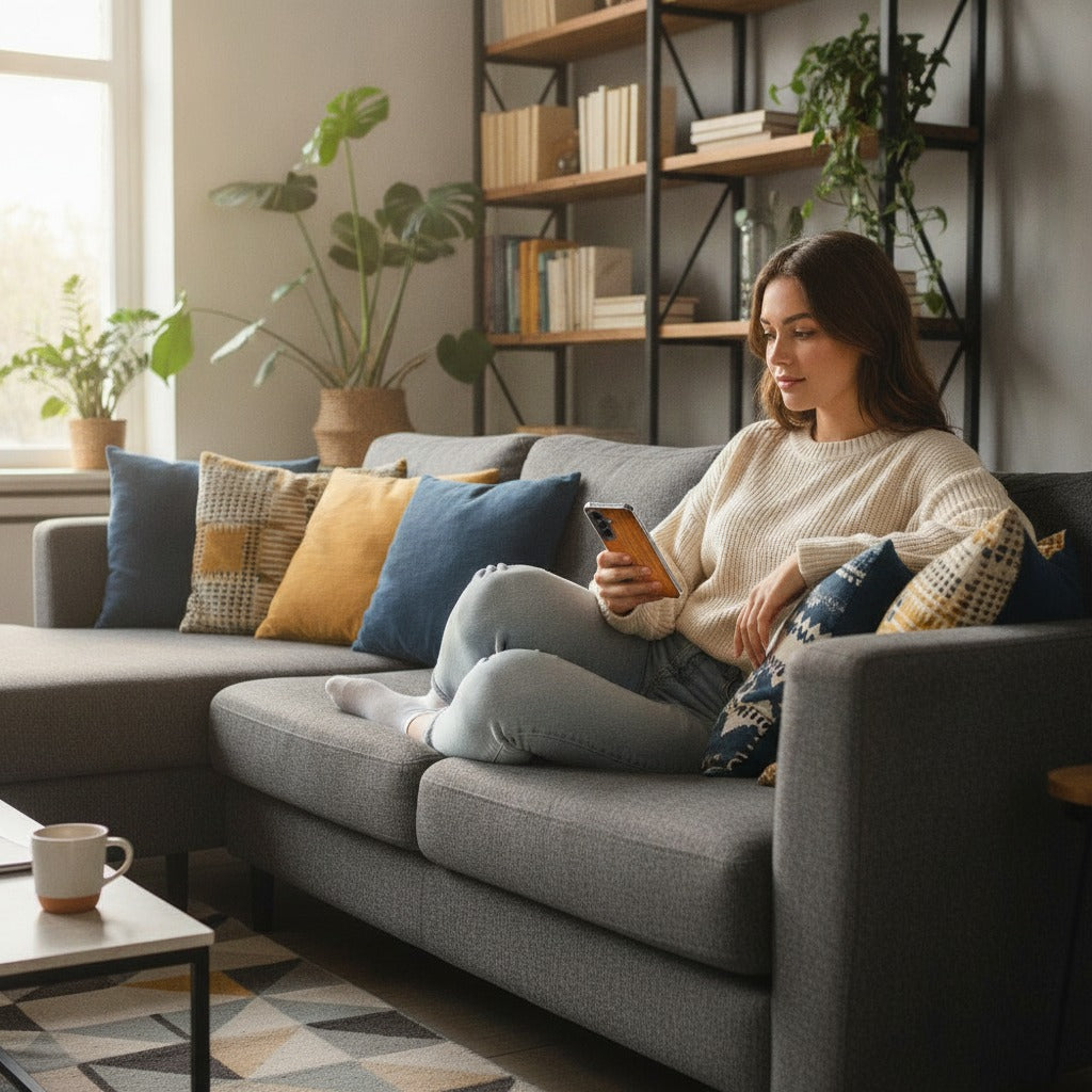 Samsung Galaxy A37 TPU Hoesje Donker Hout - lifestyle foto in huiselijke setting
