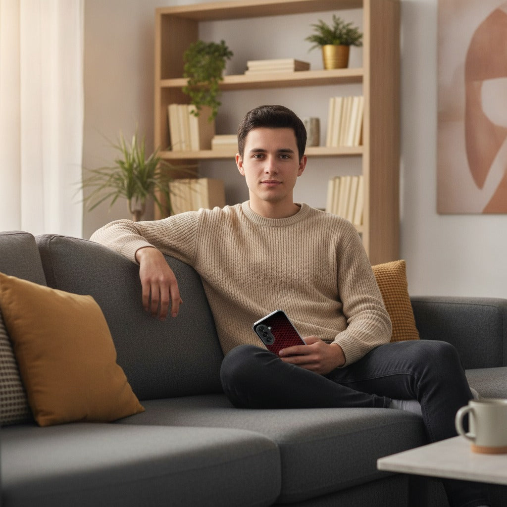 Samsung Galaxy A37 TPU Hoesje Geruit Rood - lifestyle foto in huiselijke setting