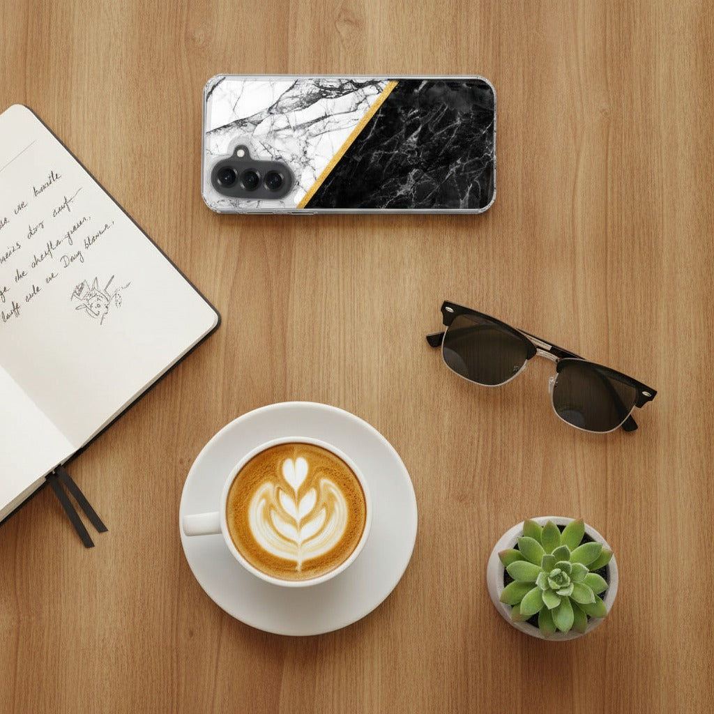 Samsung Galaxy A37 TPU Hoesje Marble White Black - lifestyle foto in huiselijke setting