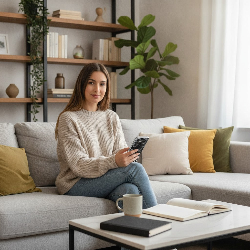 Samsung Galaxy A37 TPU Hoesje Marmer Zwart - lifestyle foto in huiselijke setting