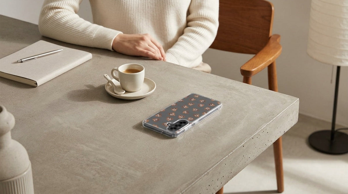 Samsung Galaxy A57 TPU Hoesje Poep Emojis - lifestyle foto in huiselijke setting