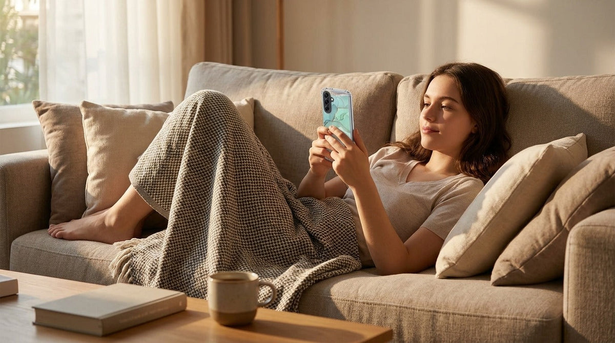 Samsung Galaxy A57 TPU Hoesje Watercolor Mix - lifestyle foto in huiselijke setting