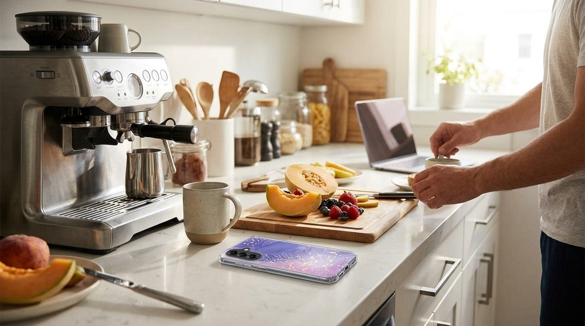 Samsung Galaxy A57 TPU Hoesje Watercolor Paars - lifestyle foto in huiselijke setting
