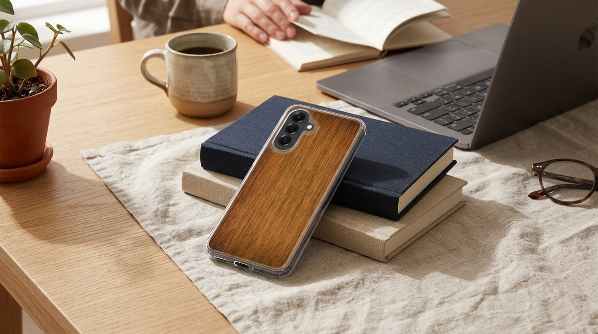 Samsung Galaxy A57 TPU Hoesje Donker Hout - lifestyle foto in huiselijke setting