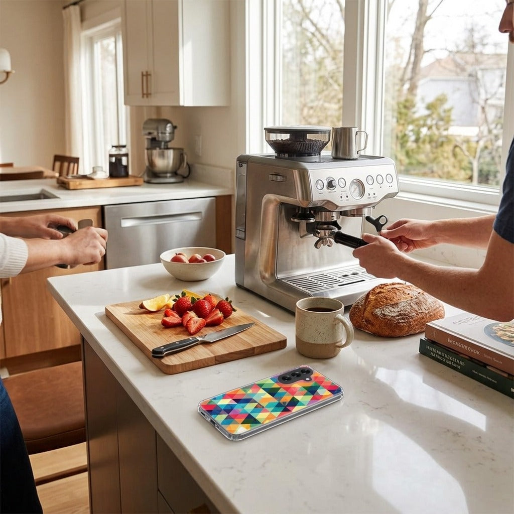 Samsung Galaxy A57 TPU Hoesje Geruit - lifestyle foto in huiselijke setting