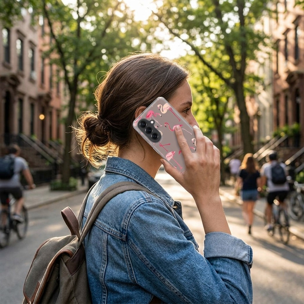 Samsung Galaxy A57 TPU Hoesje Flamingo - lifestyle foto in huiselijke setting