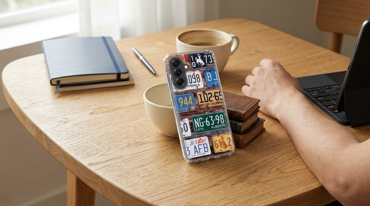 Samsung Galaxy A57 TPU Hoesje Kentekenplaten - lifestyle foto in huiselijke setting