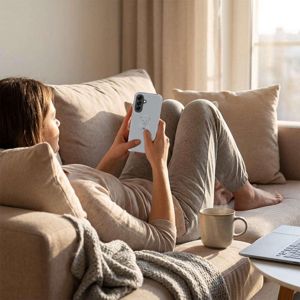 Samsung Galaxy A57 TPU Hoesje Baby Olifant - lifestyle foto in huiselijke setting