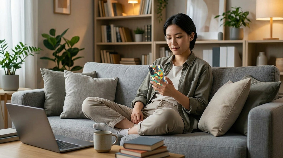 Samsung Galaxy A57 TPU Hoesje Funky Retro - lifestyle foto in huiselijke setting
