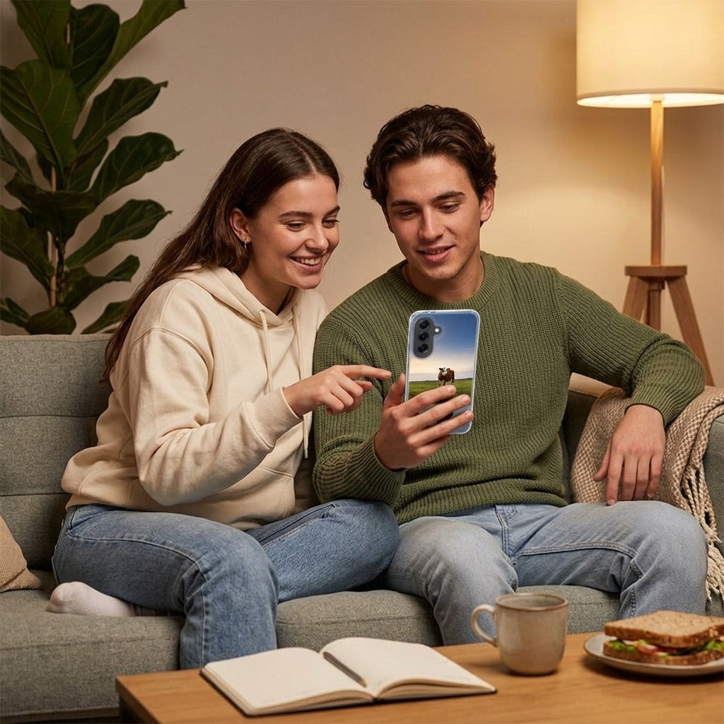 Samsung Galaxy A57 TPU Hoesje Koe - lifestyle foto in huiselijke setting