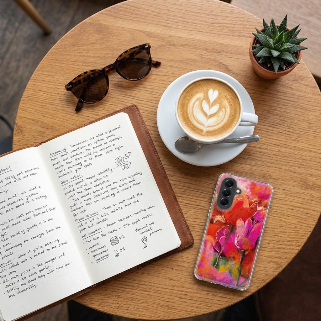 Samsung Galaxy A57 TPU Hoesje Tulips - lifestyle foto in huiselijke setting