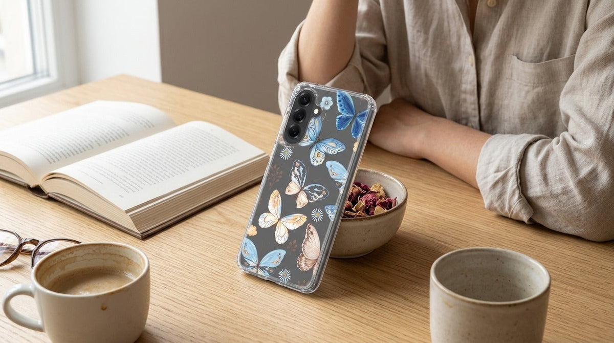 Samsung Galaxy A57 TPU Hoesje Vlinder - lifestyle foto in huiselijke setting