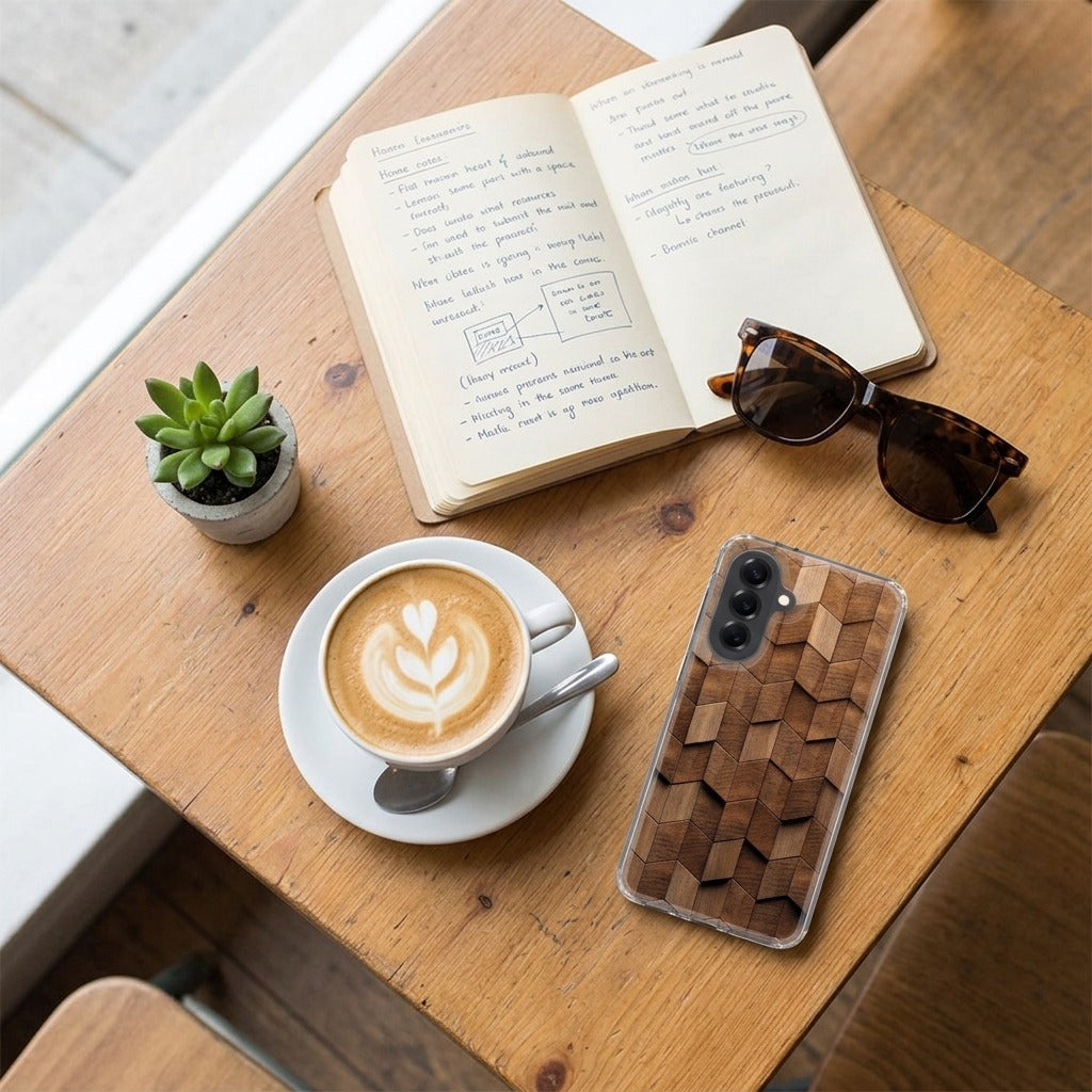 Samsung Galaxy A57 TPU Hoesje Wooden Cubes - lifestyle foto in huiselijke setting