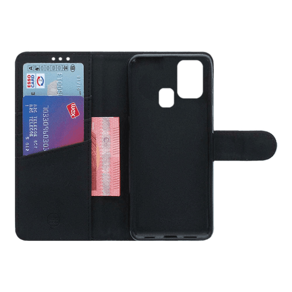 Binnenkant van de Samsung Galaxy M31 bookcase zonder toestel, met twee pasjes, een opgevouwen bankbiljet en de lege houder