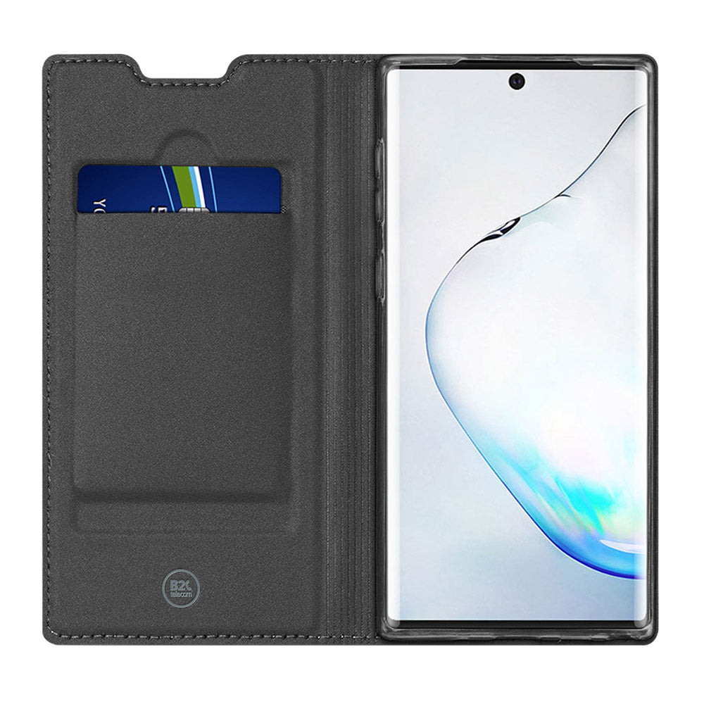 Open Galaxy Note 10 standcase van binnen, met een pasje in het pasjesvak en het toestel in de houder