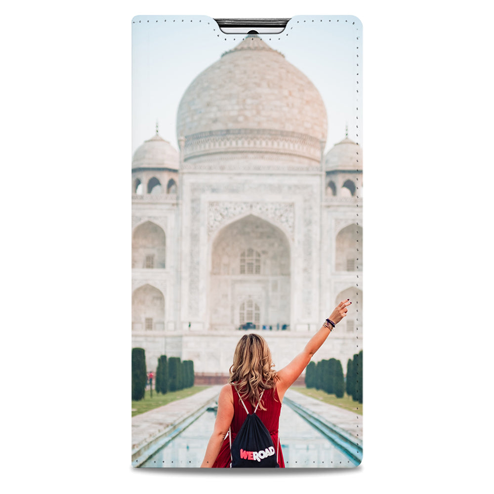 Voorkant dicht van de Galaxy Note 10 standcase, recht aanzicht, voorbeeldontwerp met een wit koepelgebouw