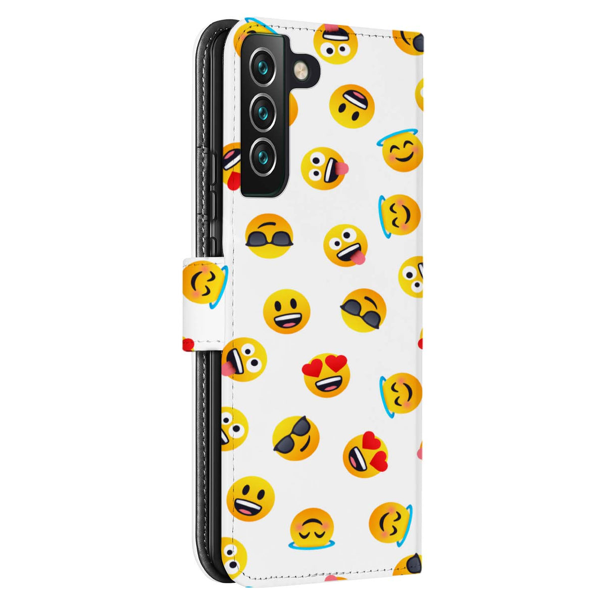 Smileypatroon op de achterkant van de S22 Plus bookcase, schuin gezien, met uitsparing voor drie lenzen