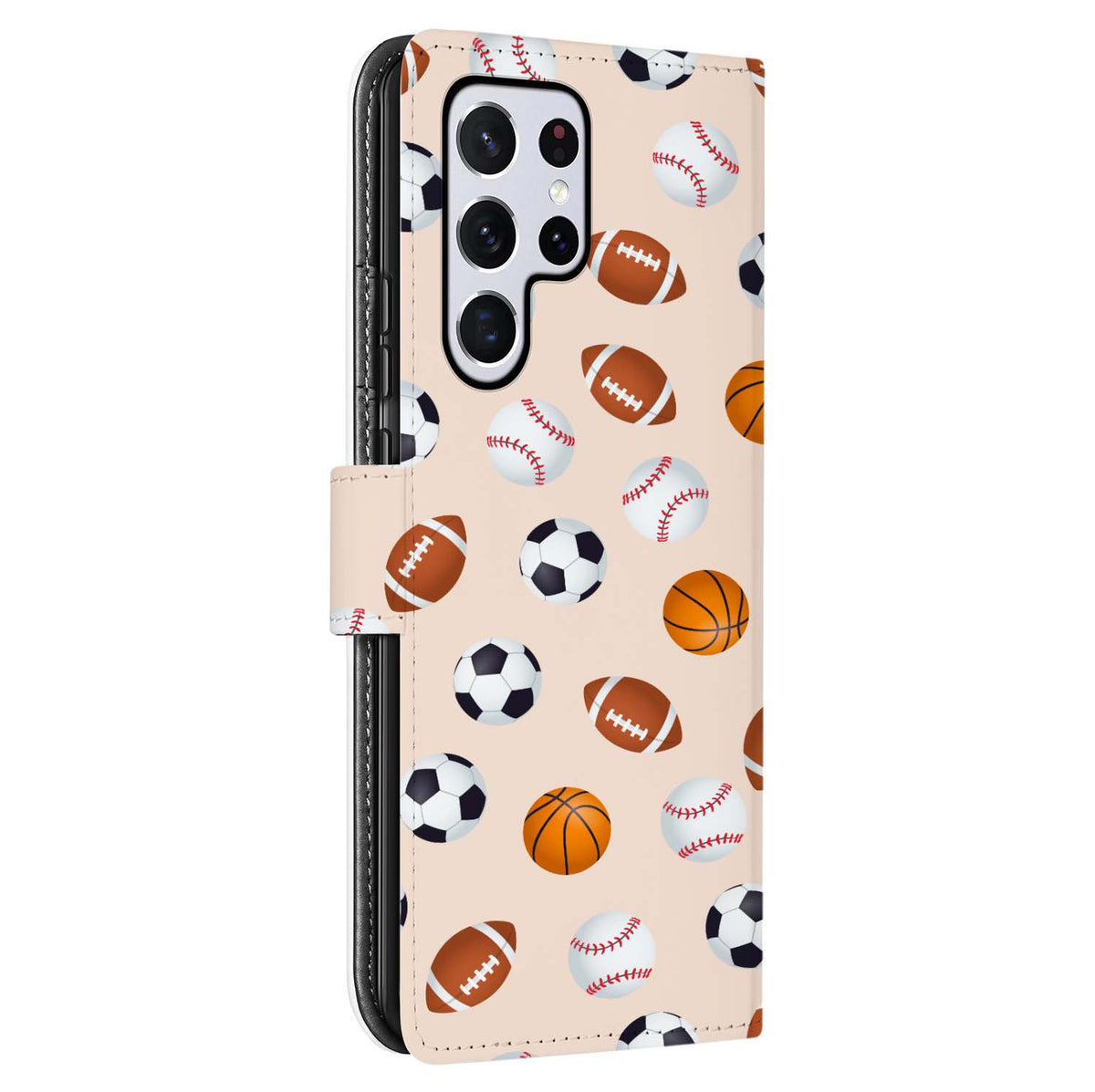 Schuin aanzicht van de S22 Ultra bookcase van achteren, met sportballen op beige en een verticale camera-uitsparing