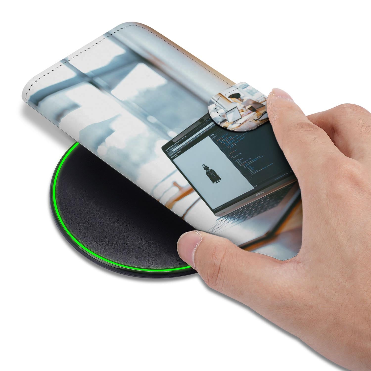 Samsung Galaxy S26 Ultra Bookcase Hoesje Maken met Foto | Naadloos Design detailweergave van hoesje met laptop.