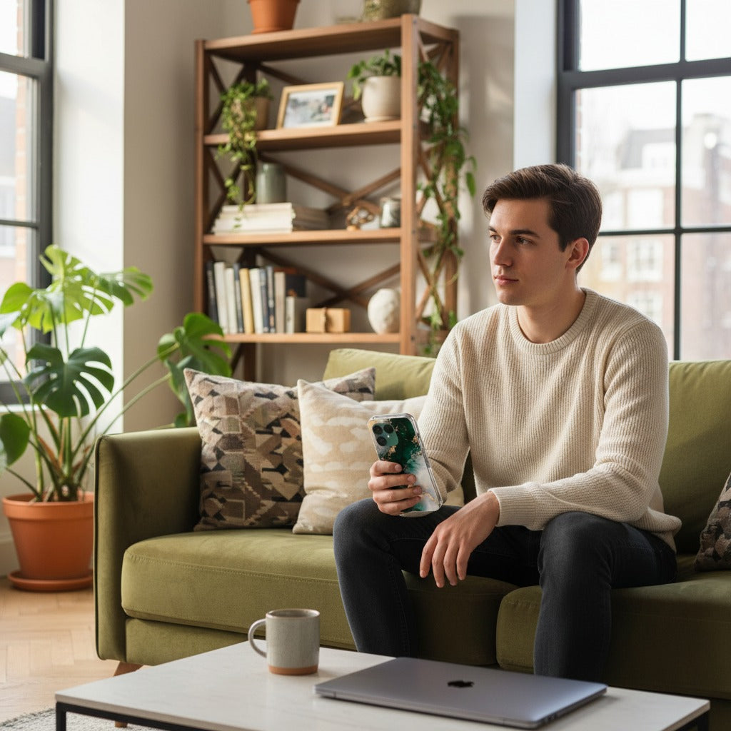 Fairphone 6 Hoesje Marmer Groen – Siliconen Back Cover - lifestyle foto in huiselijke setting