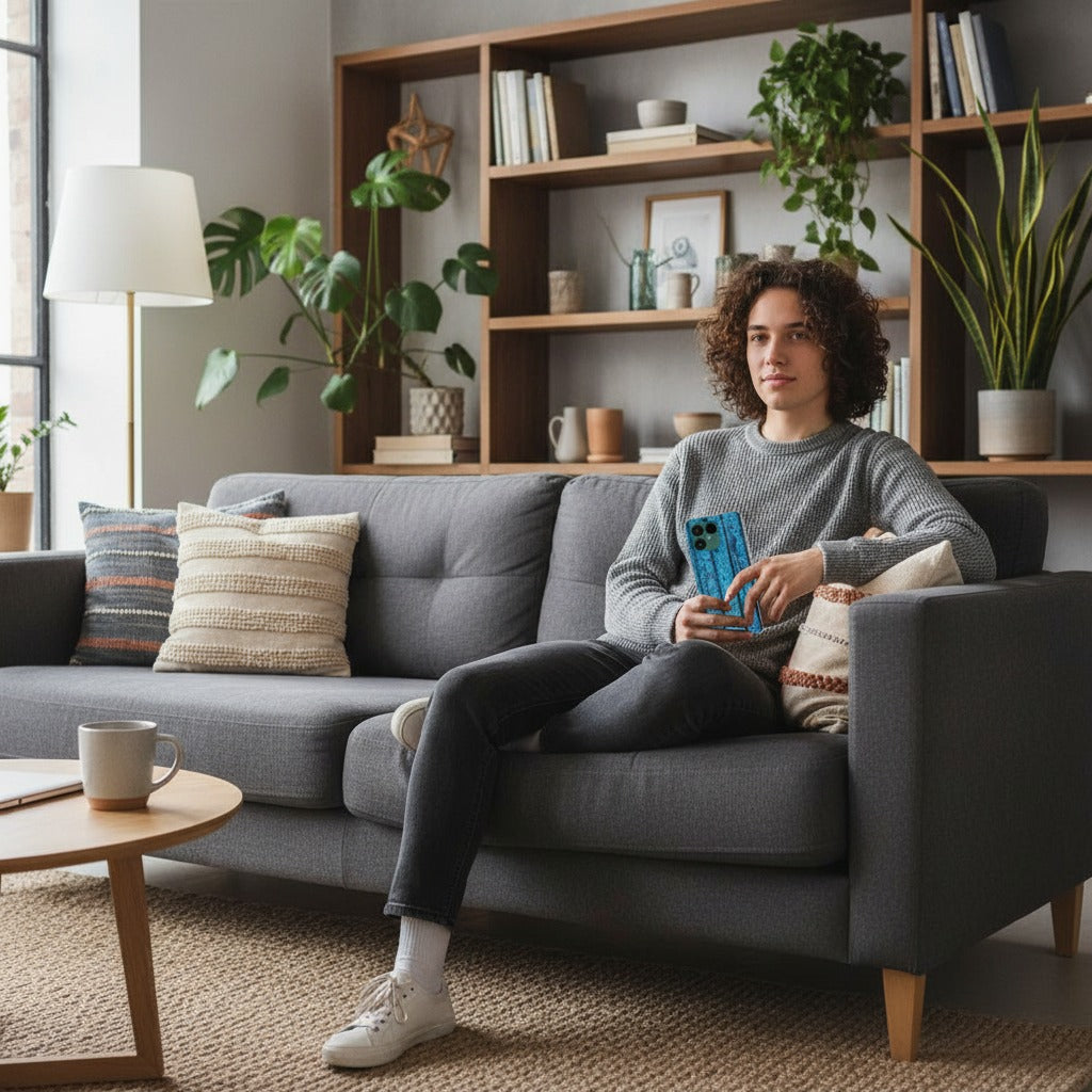 Fairphone 6 Wood Blue Hoesje | Siliconen Case - lifestyle foto in huiselijke setting