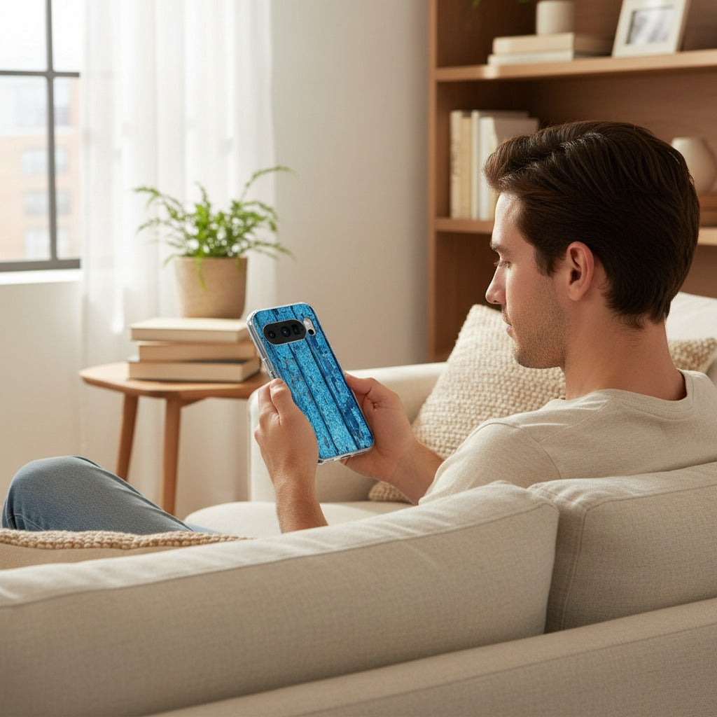 Google Pixel 10 / 10 Pro TPU hoesje Wood Blue - lifestyle foto in huiselijke setting