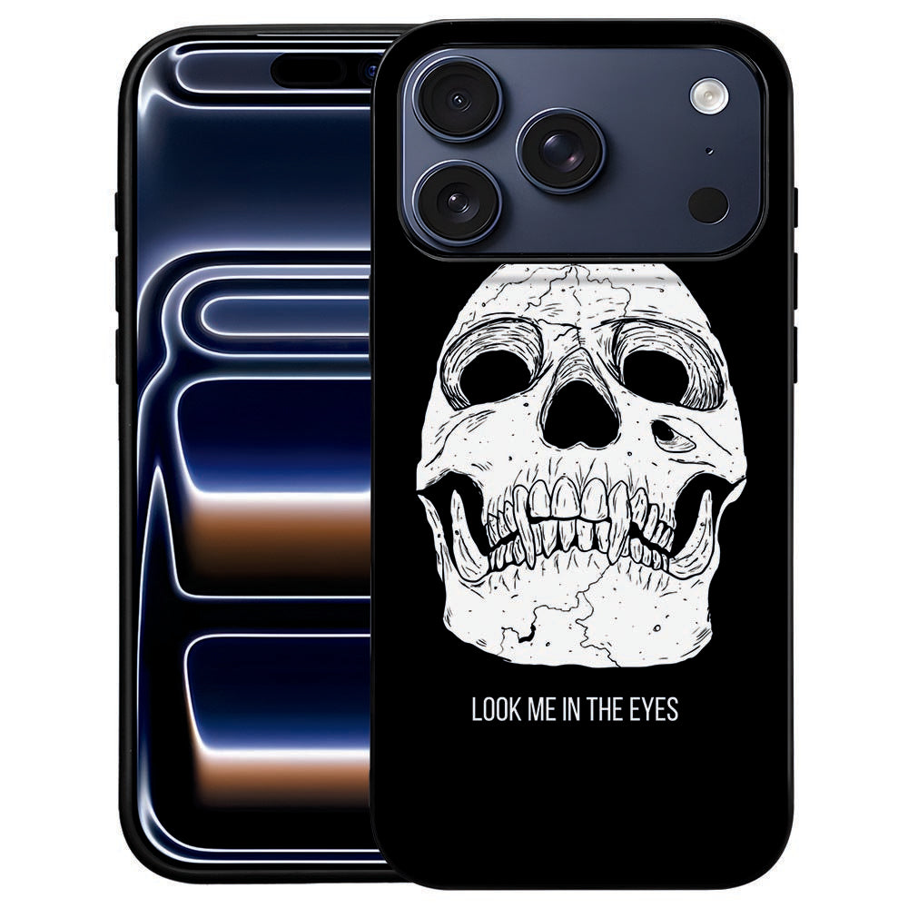 Skull Eyes iPhone 18 Pro Max hoesje met zwart-witte schedel op de kunstleren achterkant